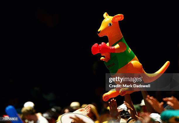 The boxing kangaroo is displayed in the crowd during day two of the First Test match between Australia and India at the Melbourne Cricket Ground on...