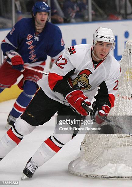 Chris Kelly of the Ottawa Senators skates on the ice against the New York Rangers on December 23, 2007 at Madison Square Garden in New York, New York.