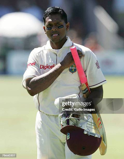 Shivnarine Chanderpaul of West Indies looks dejected after being bowled out for 104 runs during Day 2 of the 1st test match between South Africa and...