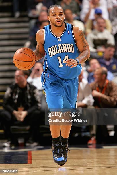 Jameer Nelson of the Orlando Magic brings the ball upcourt during the game against the Golden State Warriors on December 3, 2007 at Oracle Arena in...