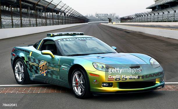 In this handout provided by General Motors Chevrolet unveils one of two unique 2008 Corvette Indy 500 Pace Cars that will serve as the official...