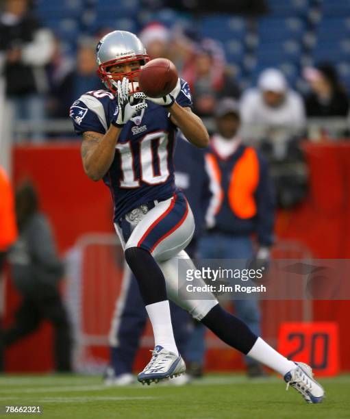 Jabar Gaffney of the New England Patriots completes a drill before a game against the Miami Dolphins at Gillette Stadium on December 23, 2007 in...