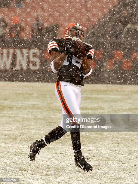 Wide receiver Joshua Cribbs of the Cleveland Browns catches a punt prior to a game with the Buffalo Bills on December 16, 2007 at Cleveland Browns...