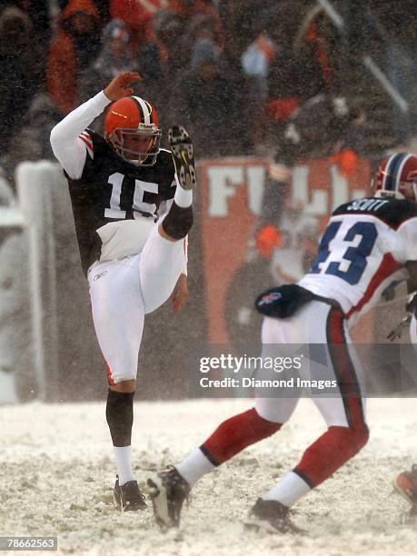 Punter Dave Zastudil of the Cleveland Browns punts during a game with the Buffalo Bills on December 16, 2007 at Cleveland Browns Stadium in...