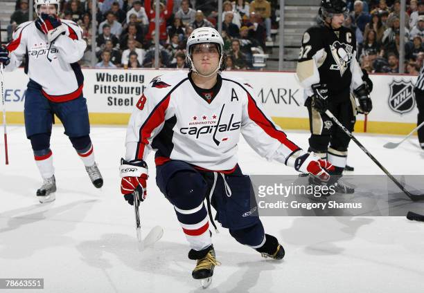 Alex Ovechkin of the Washington Capitals celebrates his second period goal in front of Sidney Crosby of the Pittsburgh Penguins on December 27, 2007...
