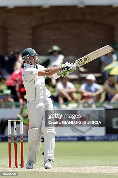 South African batsman AB de Villiers hits a four, 28 December 2007, during the thirs day of the first Test match between South Africa and West Indies...