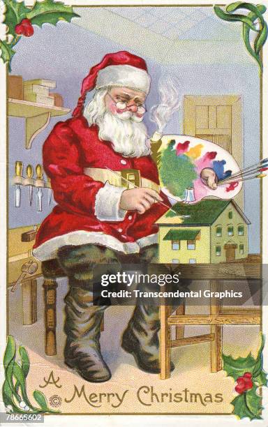 Postcard depicts a merry Santa Claus figure as he paints the roof of a doll house using paint from a palette, 1910. The image was printed by the...