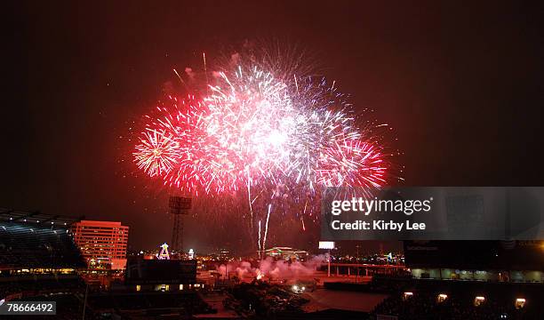 Fireworks explode over Angel Stadium after Major League Baseball game between the Seattle Mariners and Los Angeles Angels of Anaheim in Anaheim,...