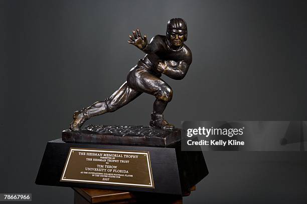 Detail view of he 2007 Heisman Trophy awarded to quarterback Tim Tebow of the University of Florida on December 8, 2007 in New York City.