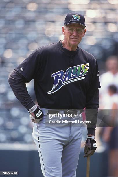 Frank Howard, coach of the Tampa Bay Devil Rays, looks on before a baseball game against the Baltimore Orioles on May 1, 1998 at Camden Yards in...