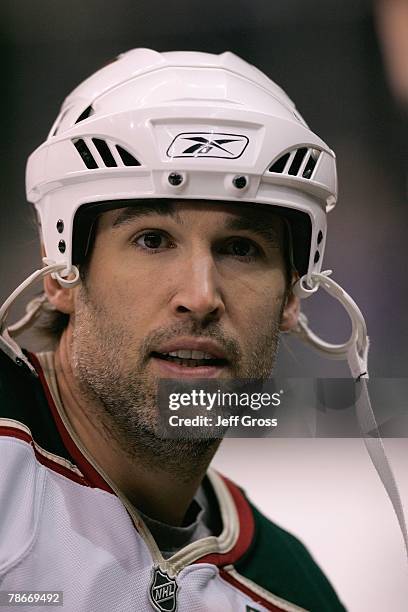 Brian Rolston of the Minnesota Wild looks on before the game against the Los Angeles Kings at the Staples Center on December 15, 2007 in Los Angeles,...