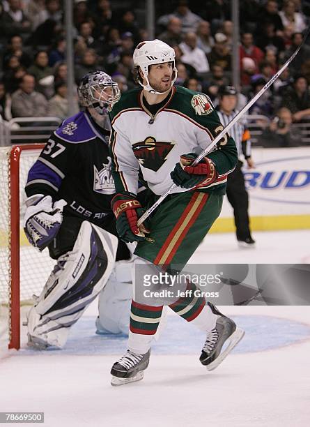 Aaron Voros of the Minnesota Wild skates on the ice against the Los Angeles Kings at the Staples Center on December 15, 2007 in Los Angeles,...