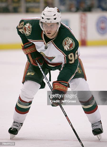 Pierre-Marc Bouchard of the Minnesota Wild prepares for a face-off against the Los Angeles Kings at the Staples Center on December 15, 2007 in Los...