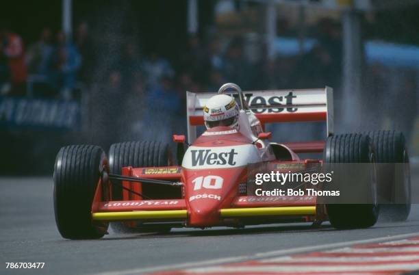 German racing driver Christian Danner drives the West Zakspeed Racing Zakspeed 871 Zakspeed 1500/4 1.5 L4t in the 1987 Belgian Grand Prix at Circuit...