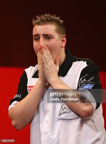 Kirk Shepherd of England celebrates winning the quarter final match against Peter Manley of England during the 2008 Ladbrokes.com PDC World Darts...