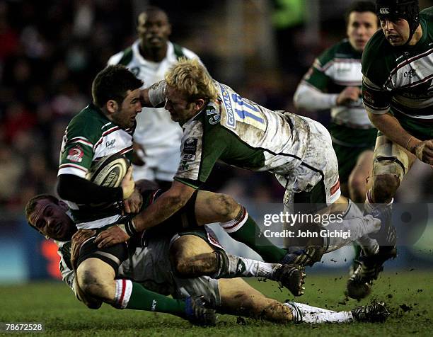 Ian Humphreys of Leicester is tackled during the Guinness Premiership game between Leicester Tigers and London Irish on December 29, 2007 at Welford...