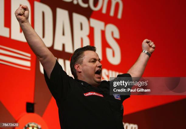 John Part of Canada celebrates winning the quarter final match between John Part of Canada and James Wade of England during the 2008 Ladbrokes.com...