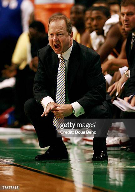 Head coach Randy Peele of the Winthrop Eagles tries to motivate his team against the Miami Hurricanes in the Orange Bowl Basketball Classic at Bank...