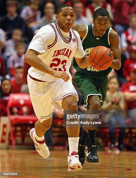 Eric Gordon of the Indiana Hoosiers dribbles the ball up the court during the game against the Chicago State Cougars at Assembly Hall December 29,...