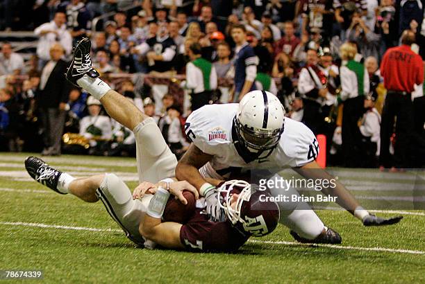 Linebacker Tyrell Sales of the Penn State Nittany Lions sacks Stephen McGee of the Texas A&M Aggies in the second quarter during the Valero Alamo...