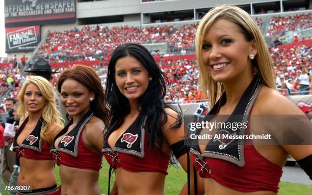 Cheerleaders of the Tampa Bay Buccaneers entertain during play against the Carolina Panthers at Raymond James Stadium December 30, 2007 in Tampa,...