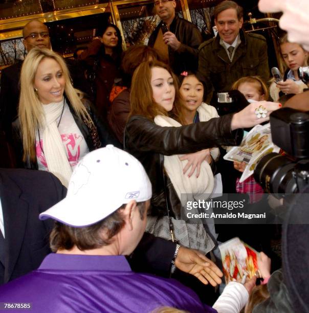 Leticia Cyrus and Miley Cyrus leave their midtown hotel on December 30, 2007 in New York City.