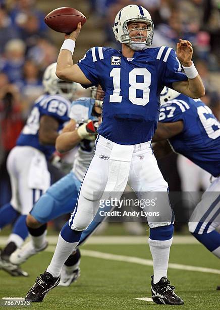 Peyton Manning of the Indianapolis Colts throws a pass during the NFL game against the Tennessee Titans on December 30, 2007 at the RCA Dome in...