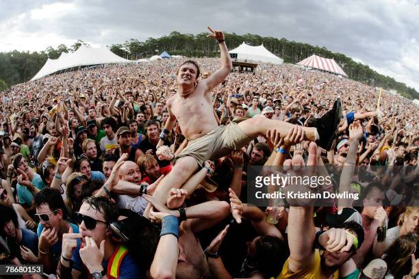 Patron crowd surfs during The Falls Festival on December 31, 2007 in Lorne, Australia.