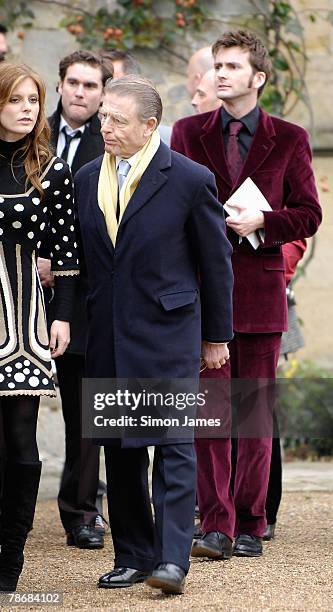 Emilia Fox, Edward Fox and David Tennant leave the wedding of Billie Piper and Laurence Fox at the Parish Church Of St. Mary's on December 31, 2007...