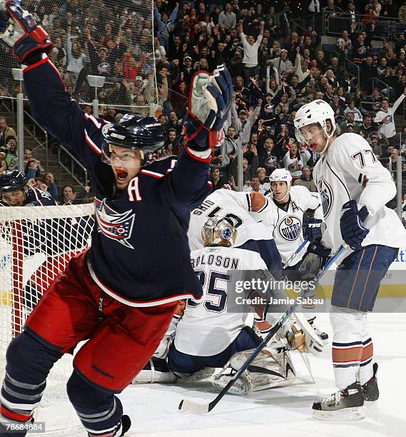 Rick Nash of the Columbus Blue Jackets celebrates his second of three goals against the Edmonton Oilers on December 31, 2007 at Nationwide Arena in...