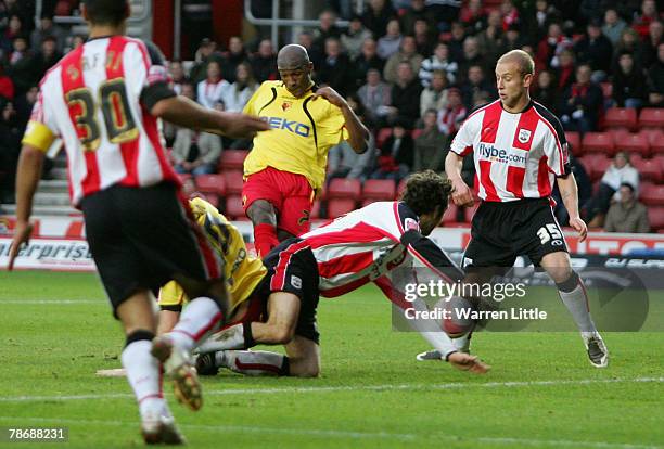 Damien Francis of Watford scores the first goal in the first half during the Coca-Cola Championship match between Southampton and Watford FC at St....