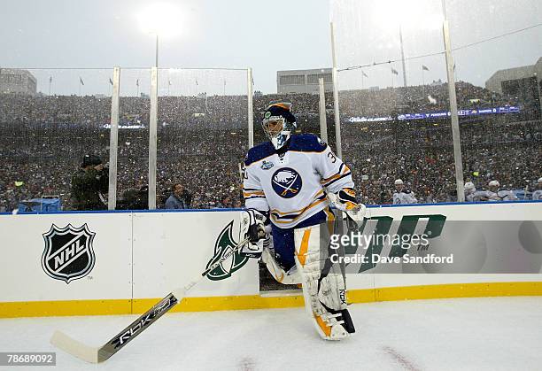 Goaltender Ryan Miller of the Buffalo Sabres takes the ice to take on the Pittsburgh Penguins in the NHL Winter Classic at the Ralph Wilson Stadium...