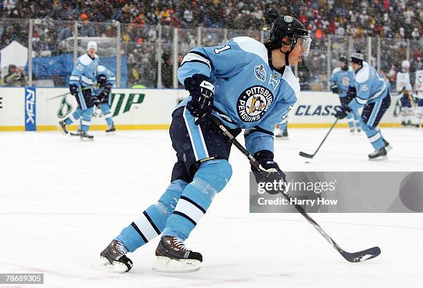 Evgeni Malkin of the Pittsburgh Penguins warms up before his team takes on the Buffalo Sabres in the NHL Winter Classic on January 1, 2008 in Orchard...