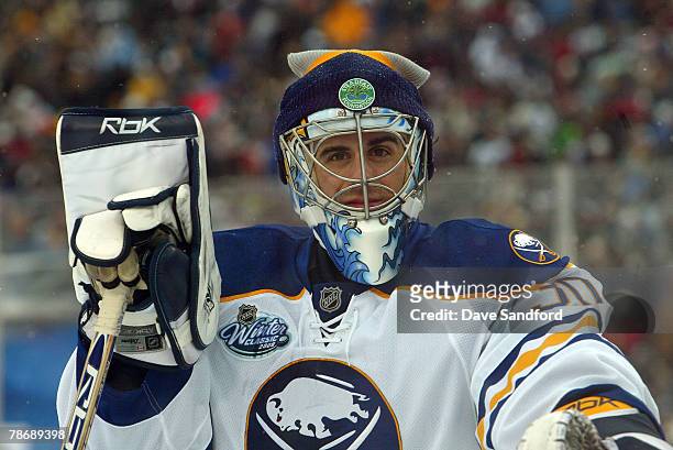 Ryan Miller of the Buffalo Sabres looks on during the NHL Winter Classic against the Pittsburgh Penguins at the Ralph Wilson Stadium on January 1,...
