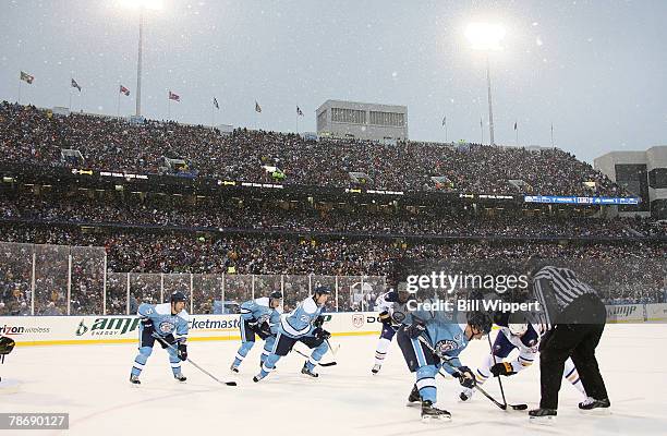 The Buffalo Sabres play the Pittsburgh Penguins in the NHL Winter Classic on January 1, 2008 at Ralph Wilson Stadium in Orchard Park, New York.