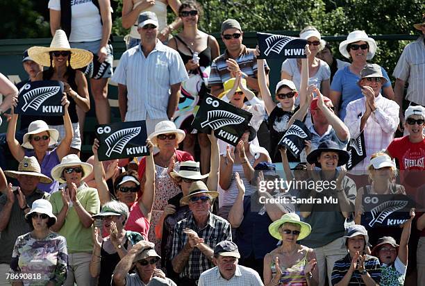 Fans cheer for Marina Erakovic of New Zealand in her match against Ashley Harkleroad of the United States during day three of the ASB Classic at the...