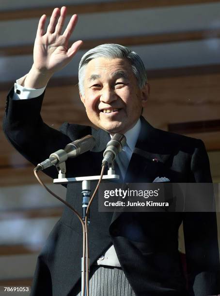Japanese Emperor Akihito greets well-wishers celebrating the new year at the Imperial Palace on January 2, 2008 in Tokyo, Japan. The Japanese...