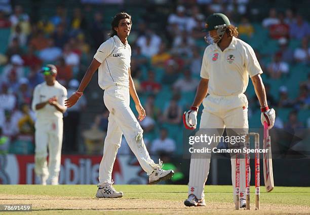 Ishant Sharma of India looks at Andrew Symonds of Australia after misjudging his bowling run up during day one of the Second Test match between...