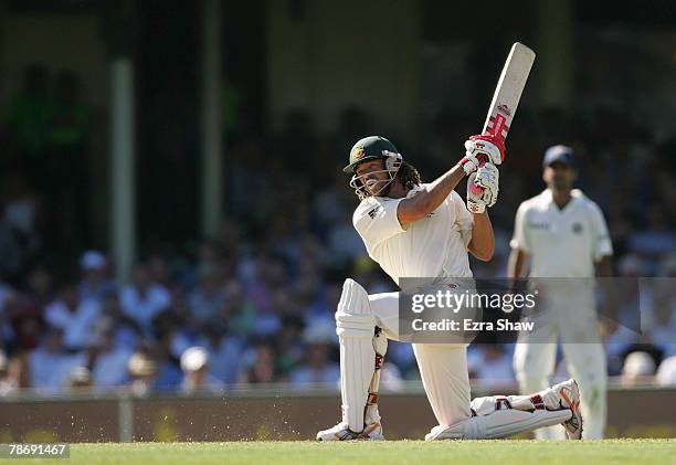 Andrew Symonds of Australia hits the ball during day one of the Second Test match between Australia and India at the Sydney Cricket Ground on January...