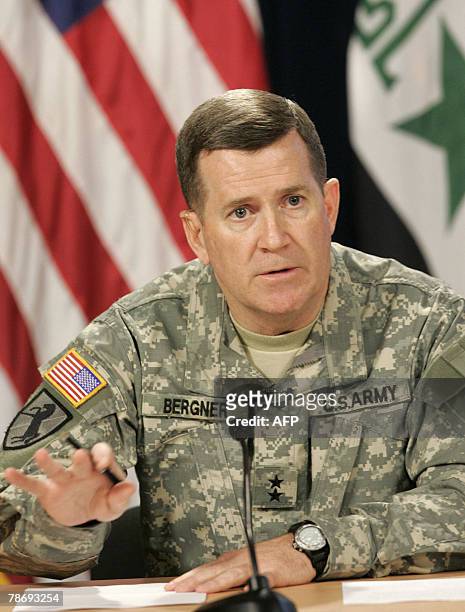 Major General Kevin Bergner, Multi-National Force-Iraq spokesman, holds a press conference in Baghdad's heavily fortified Green Zone, 02 January...