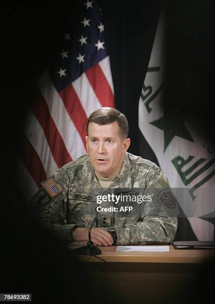 Military spokesman Major General Kevin Bergner holds a press conference in Baghdad's heavily fortified Green Zone, 02 January 2008. The...