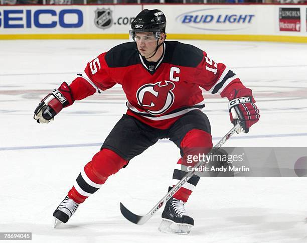 Jamie Langenbrunner of the New Jersey Devils skates against the Buffalo Sabres during their game at the Prudential Center on December 28, 2007 in...