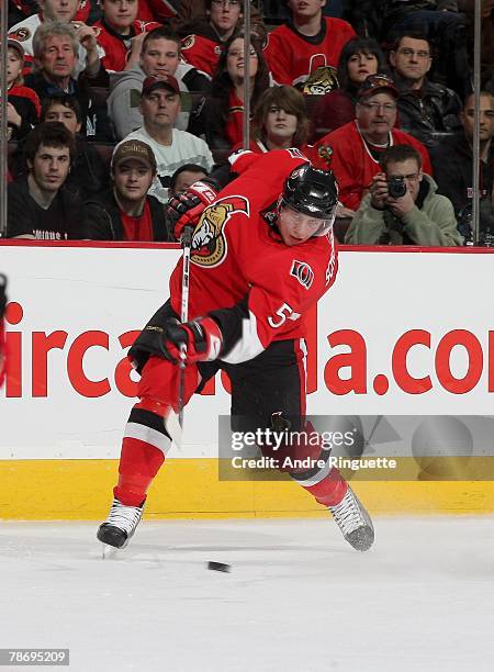 Christoph Schubert of the Ottawa Senators shoots the puck against the Chicago Blackhawks at Scotiabank Place on December 22, 2007 in Ottawa, Ontario.