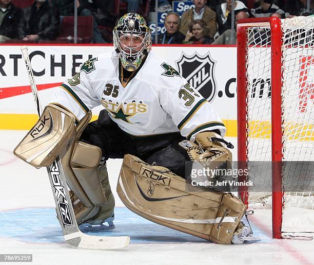 Marty Turco of the Dallas Stars looks on from his crease during their game against the Vancouver Canucks at General Motors Place on December 20, 2007...