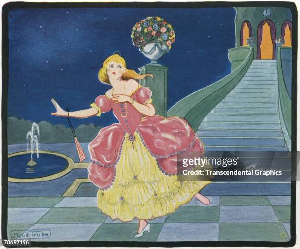Lithograph illustration by artist Maud Trube depicts a scene from 'Cinderella' in a collection of children's stories 'Cinderella,' 1910s or 1920s.