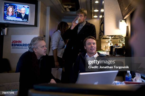 Former Senator John Edwards campaigning with actor Tim Robbins on December 12, 2007 in Des Moines, Iowa.