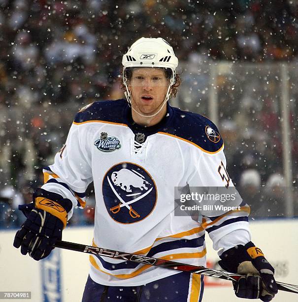 Brian Campbell of the Buffalo Sabres plays against the Pittsburgh Penguins in the NHL Winter Classic on January 1, 2008 at Ralph Wilson Stadium in...