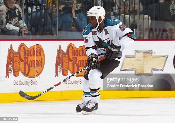 Right Wing Mike Grier of the San Jose Sharks skates against the Nashville Predators on December 29, 2007 at the Sommet Center in Nashville, Tennessee.