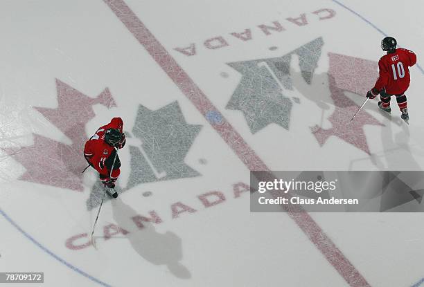 Team West players Jimmy Bubnick and Brayden Schenn cross centre ice logo in a game against Team Russia on January 2, 2008 at the John Labatt Centre...