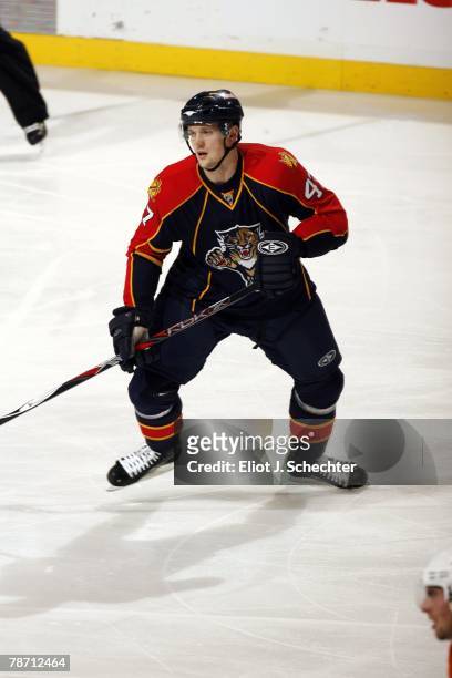 Martin Lojek of the Florida Panthers skates on ice against the Philadelphia Flyers at the Bank Atlantic Center on December 30, 2007 in Sunrise,...